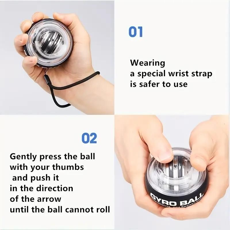 Gyro wrist strengthener ball instructions showing safe use and pressing technique for effective training