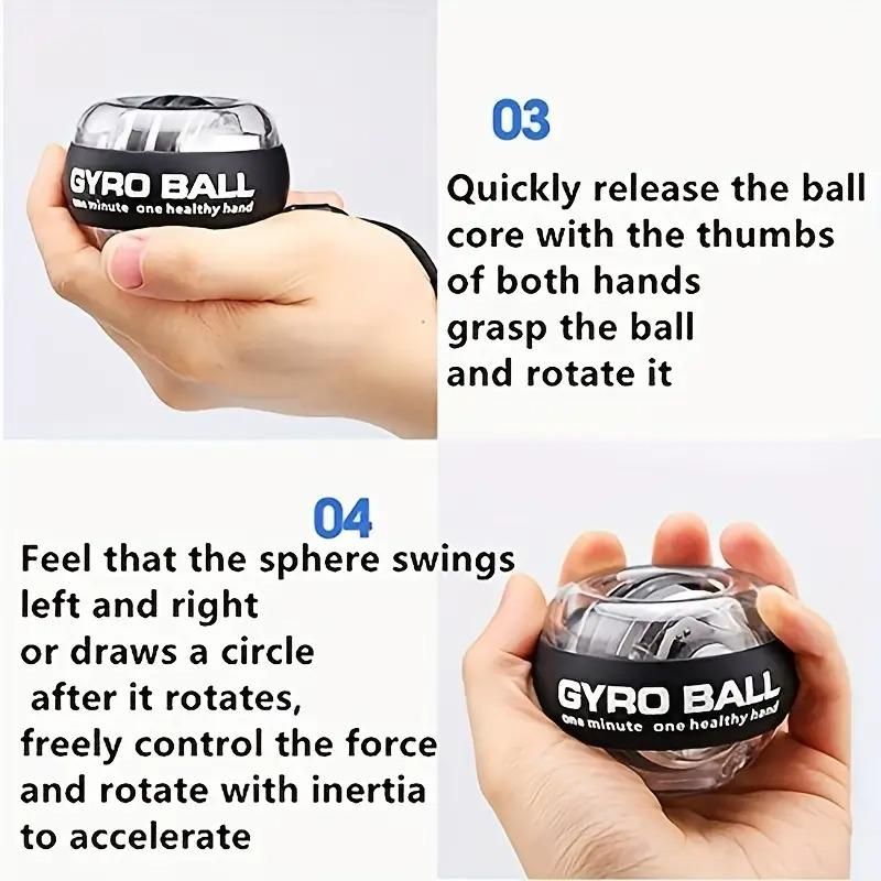 Hand holding a gyro wrist strengthener ball showcasing its ergonomic design and dual-handed operation