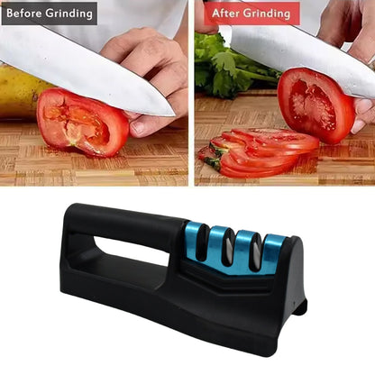 Handheld kitchen knife sharpener in action sharpening a knife before slicing tomatoes