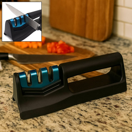 Your Brand handheld kitchen knife sharpener on a countertop next to chopped vegetables for easy knife maintenance