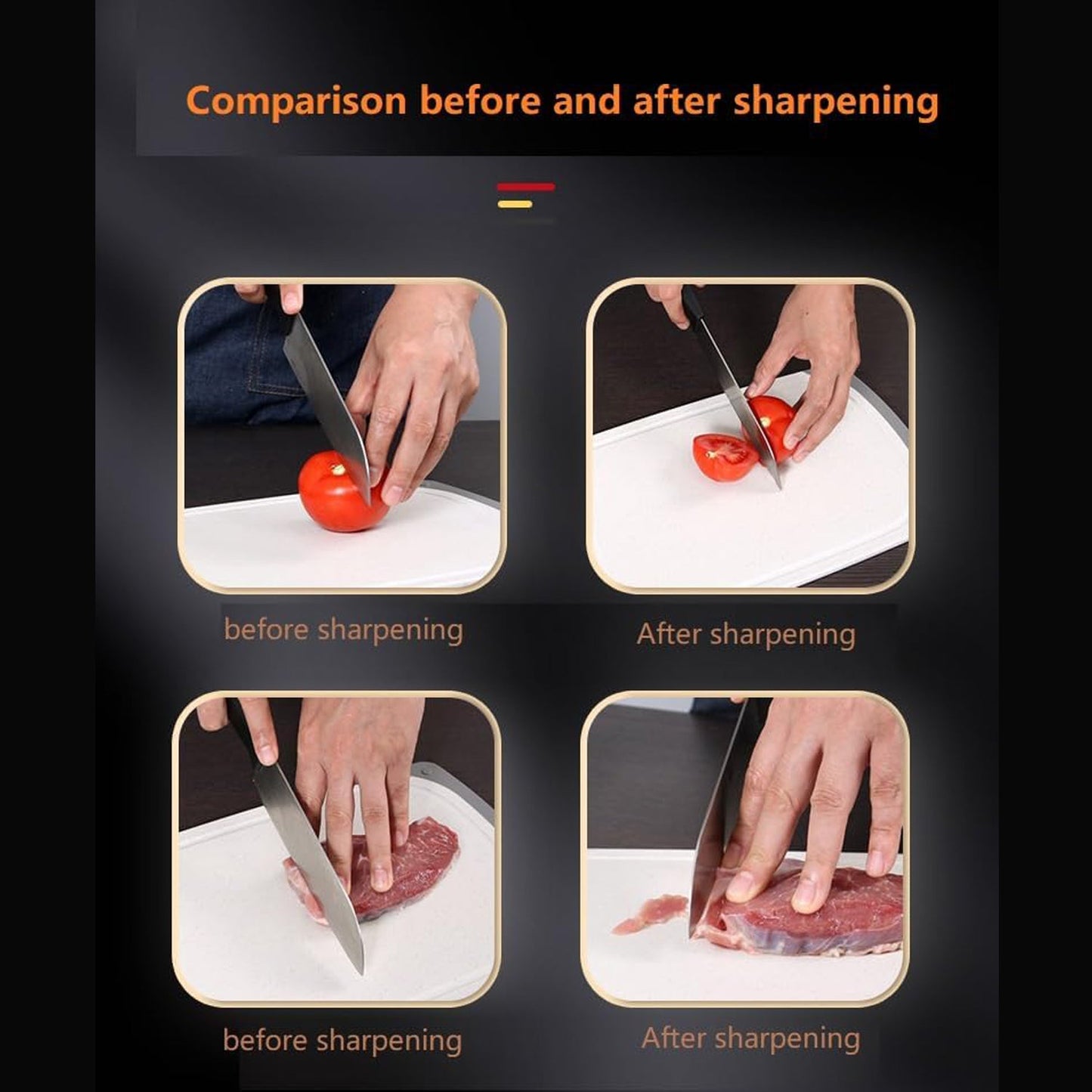 Comparison of a handheld kitchen knife sharpener with before and after results on a tomato and steak