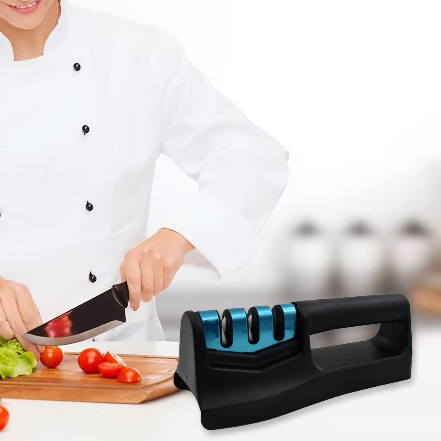 Professional chef using a handheld kitchen knife sharpener on a chef's knife while preparing vegetables