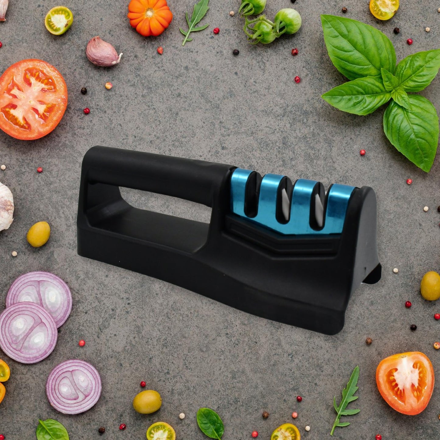Your Brand handheld kitchen knife sharpener with ergonomic design and multiple sharpening options on a kitchen backdrop