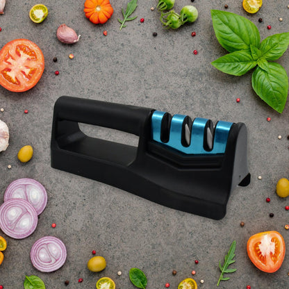 Your Brand handheld kitchen knife sharpener with ergonomic design and multiple sharpening options on a kitchen backdrop