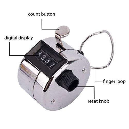 Handheld tally counter with digital display, count button, finger loop, and reset knob for accurate counting