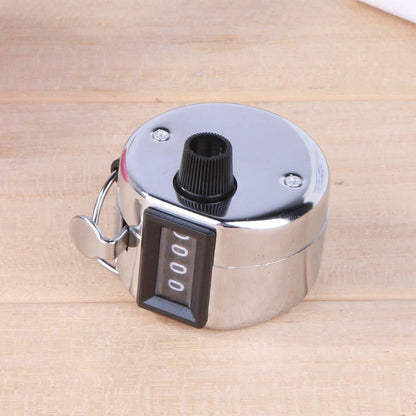 Chrome handheld tally counter with a clear display for counting repetitions or events efficiently