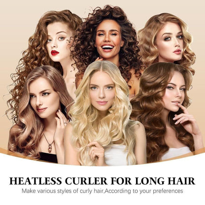 Heatless curling rods pack of 3 displayed with various styles of curly hair on models