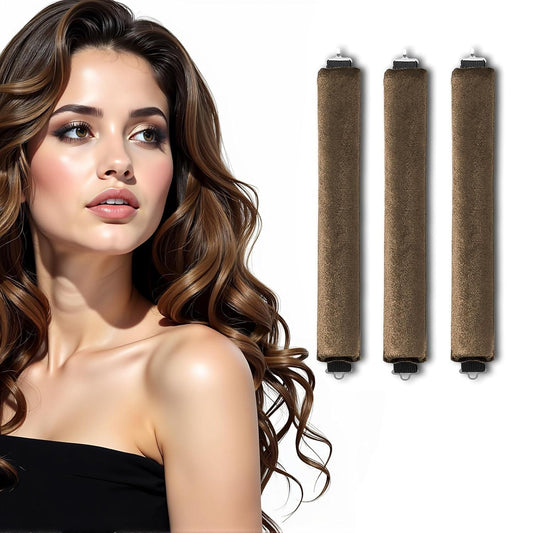 Heatless curling rods pack of 3 with a model showcasing beautiful curled hair
