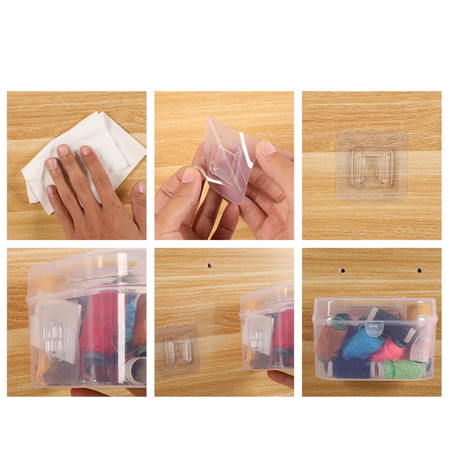 Instructions showing heavy duty adhesive wall hooks application steps on a wooden surface