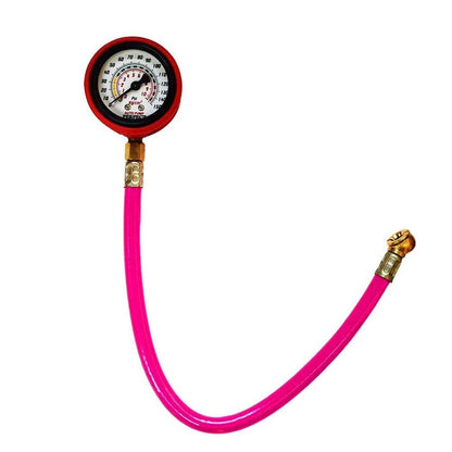 Heavy duty tire inflator gauge with a large dial and flexible hose for accurate pressure readings