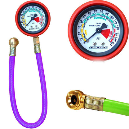 Heavy duty tire inflator gauge with durable hose and clear pressure dial for accurate tire measurements