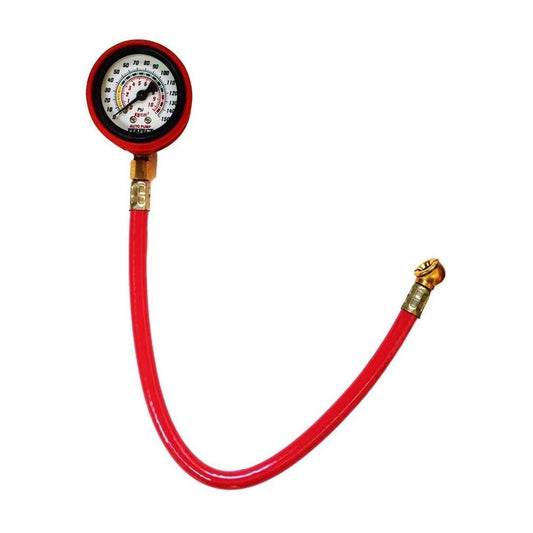 Your Brand heavy duty tire inflator gauge with a large dial and flexible hose for easy tire pressure adjustments