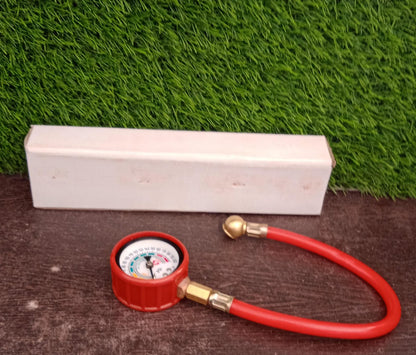 Your Brand heavy duty tire inflator gauge with a red hose and pressure dial for accurate readings
