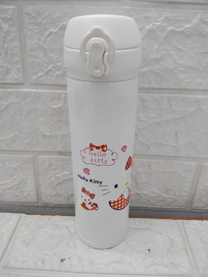White SS insulated water bottle for kids 500ml with Hello Kitty design and secure flip-top lid