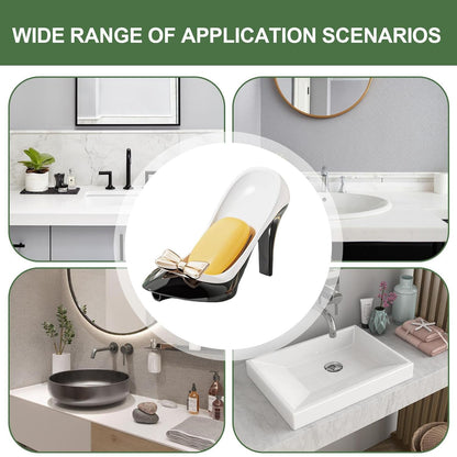High heel soap holder showcased in various bathroom and kitchen settings for versatile use