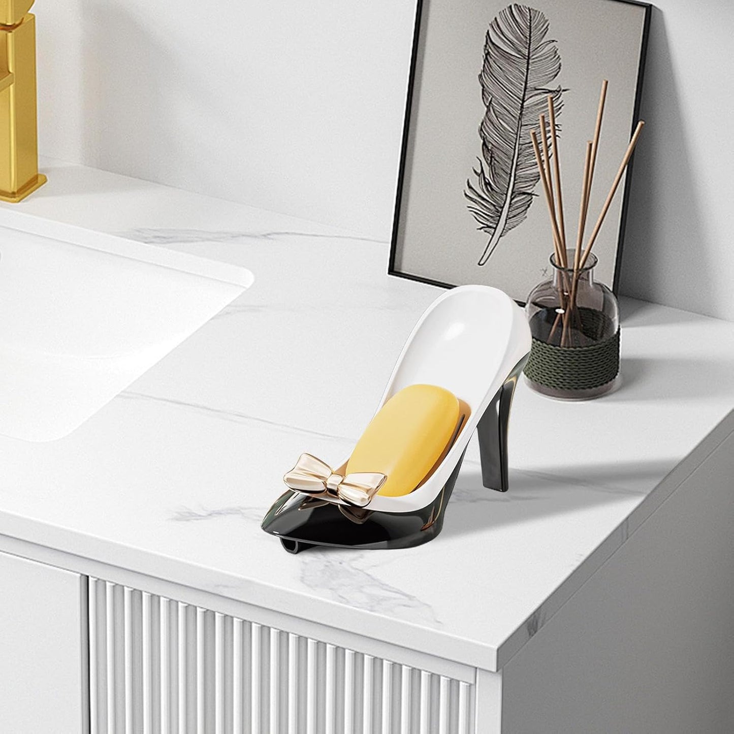 Stylish high heel soap holder in black and white with a bow for elegant bathroom decor