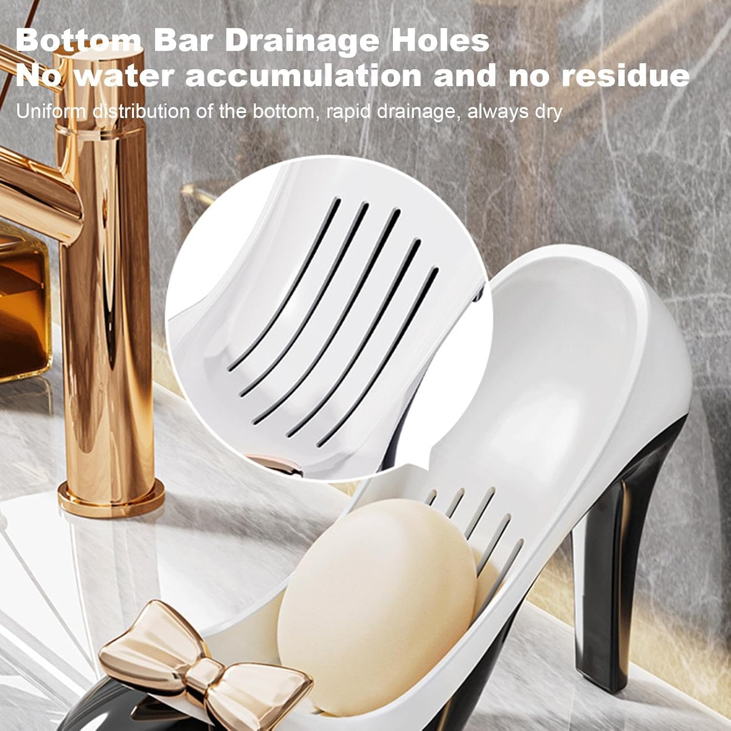 High heel soap holder with drainage holes for quick drying and no water accumulation