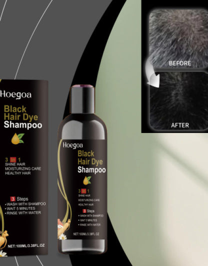 Dropdash organic hair dye shampoo in a black bottle with before and after results for shiny hair