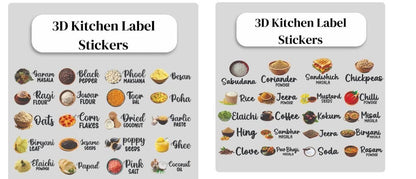 Spice jar label set for kitchen featuring 3D stickers with names and images of various spices and ingredients