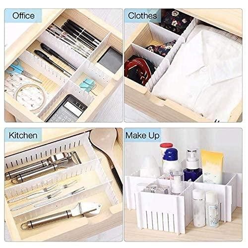 White plastic adjustable drawer organizer dividers forming compartments for office supplies clothes kitchen utensils and makeup