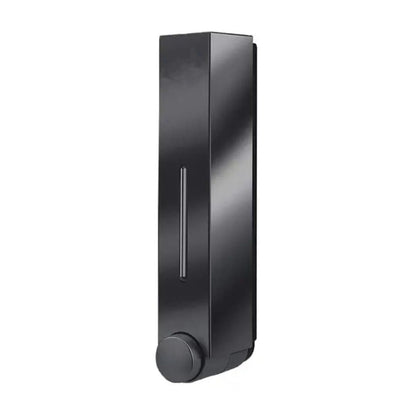 Matte black slim wall mounted soap dispenser with bottom push knob and clear soap level window