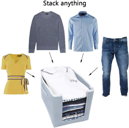 foldable cloth organizer set gray fabric bin holding folded shirts jeans sweater and blouse for closet