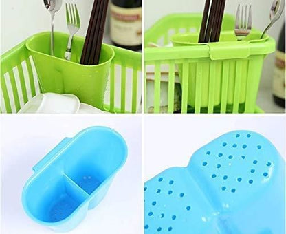Green kitchen basket with removable blue compact plastic dish drainer with cutlery holder showing compartment and drainage holes
