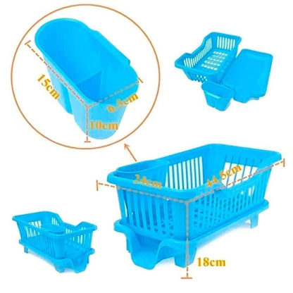 Blue compact plastic dish drainer with cutlery holder and detachable drip tray shown with dimensions