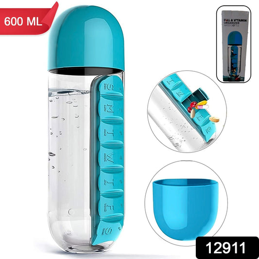 Turquoise 600ml pill storage water bottle for travel with built in weekly pill organizer and cup lid