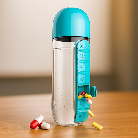 Turquoise pill storage water bottle for travel with built in weekly pill organizer and loose pills