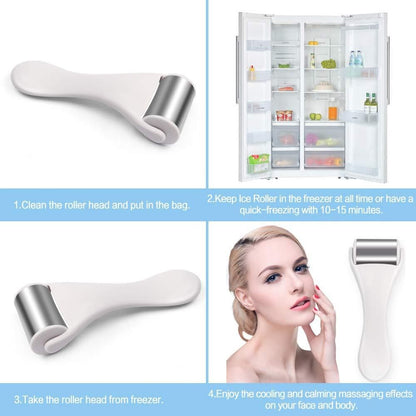 Ice roller for face in white design with step-by-step instructions for use and cooling benefits
