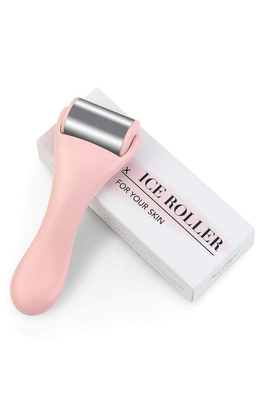 Pink ice roller for face with stainless steel roller and soothing skin benefits