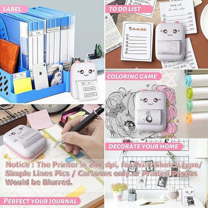 Compact inkless pocket printer with cute face design printing labels, to-do lists, coloring pages, and journal notes