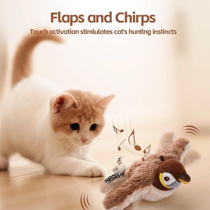Interactive cat toy for indoor cats featuring flapping wings and chirping sounds to engage their instincts