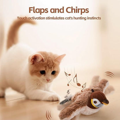 Interactive cat toy for indoor cats featuring flapping wings and chirping sounds to engage their instincts