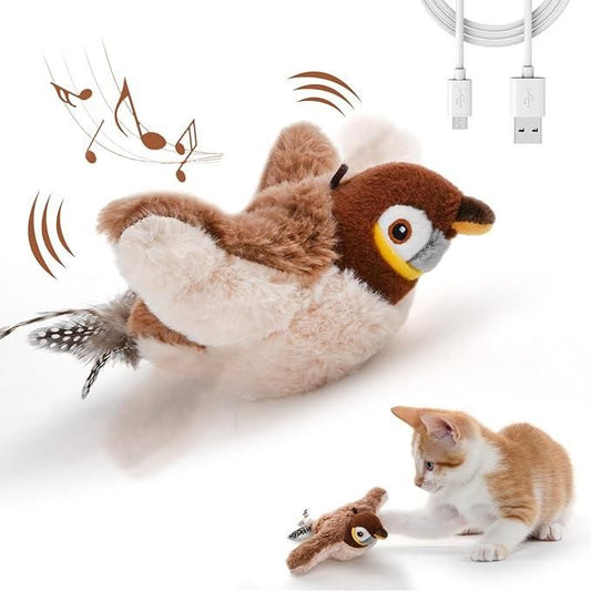Interactive cat toy for indoor cats shaped like a bird that flutters and makes sounds to engage playful pets