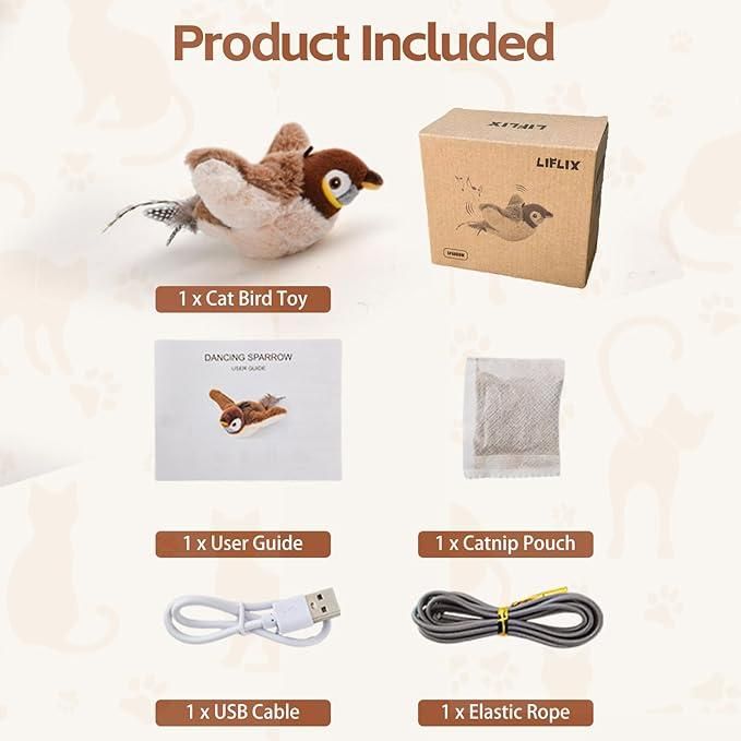 Interactive cat toy for indoor cats featuring a dancing sparrow, USB cable, and catnip pouch