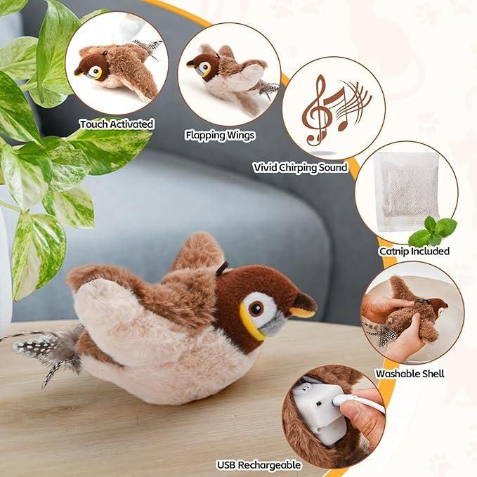 Interactive cat toy for indoor cats with flapping wings and chirping sounds for playful engagement