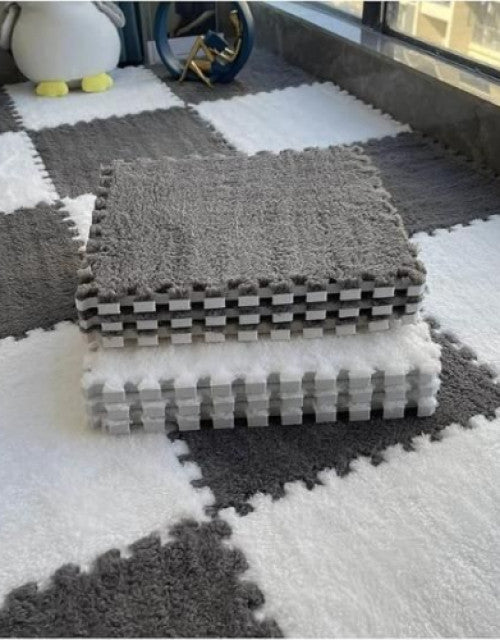 Dropdash interlocking carpet tiles mat in gray and white for versatile flooring solutions