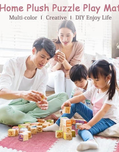 Family enjoying playtime on interlocking carpet tiles mat with colorful blocks and a cozy living room setting