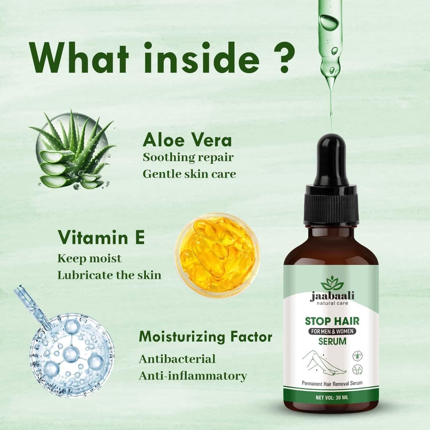 Ingredients of the Permanent Hair Removal Serum including Aloe Vera and Vitamin E for skin care