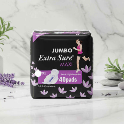Jumbo Extra Sure XXL sanitary pads pack 40 for day and night protection, soft and comfortable for all-day use