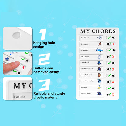 Kids chore chart board featuring a hanging hole design and easy-to-remove buttons for organization