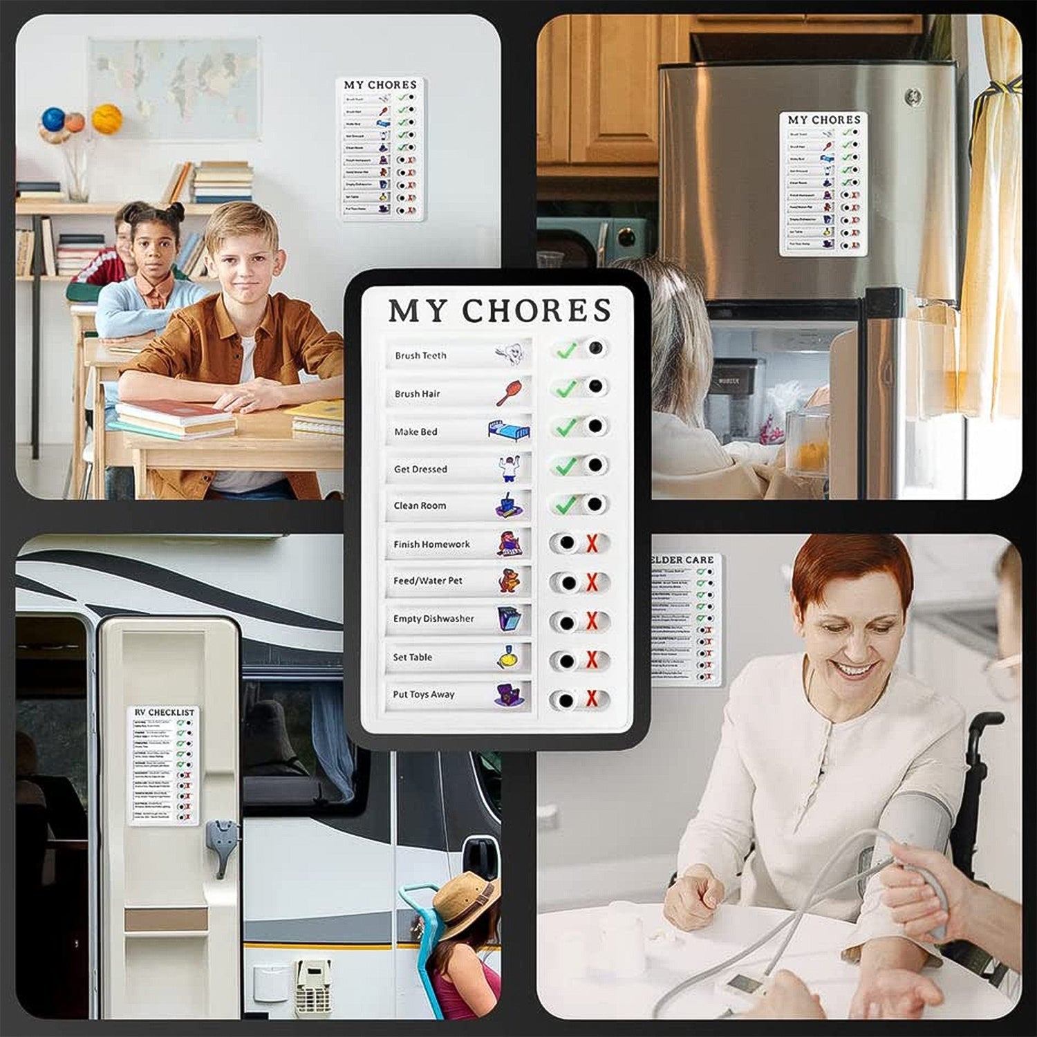 Colorful kids chore chart board displayed in various home settings to encourage organized task management