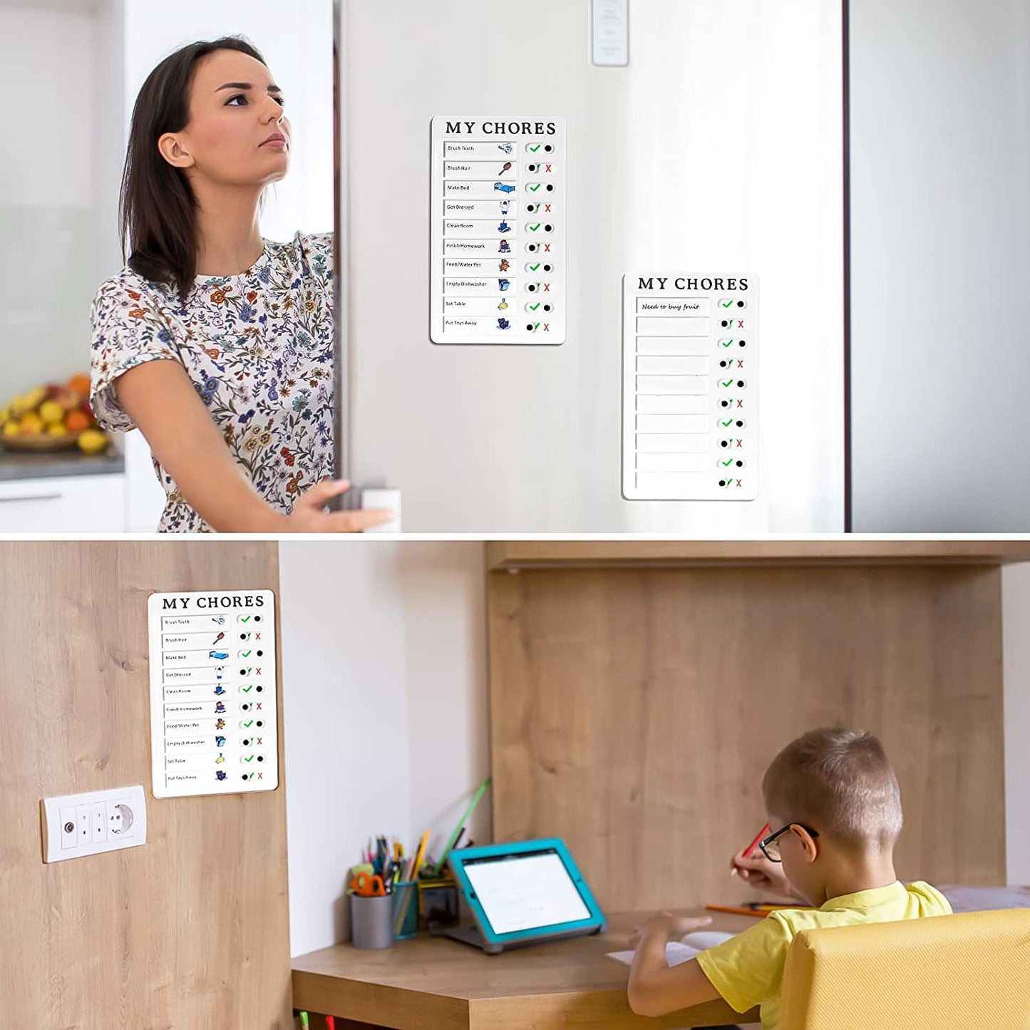 Kids chore chart board displayed on a fridge and wall for organizing household tasks for children
