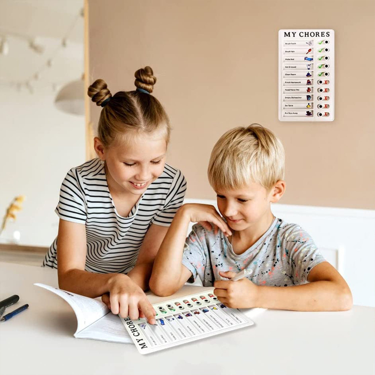 Kids using a kids chore chart board to organize their tasks while having fun together