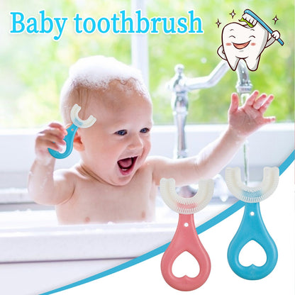 Kids U shaped toothbrush in blue and pink with a happy baby enjoying bath time