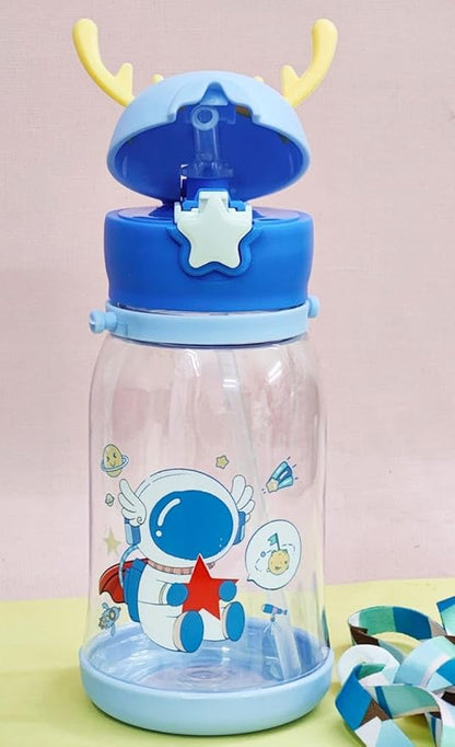 The Gir Farmer cartoon deer water bottle for kids blue lid with yellow antlers star flip cap and astronaut decal