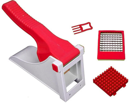 THE GIR FARMER heavy duty vegetable chopper red and white lever press with interchangeable grids and cleaning fork