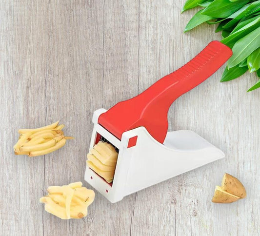 THE GIR FARMER heavy duty vegetable chopper white base with red handle slicing potatoes on wood surface
